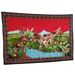 Vintage Velvet Woven Wall Tapestry Dog Bird Hunting Wildlife Man Cave 56" x 38"